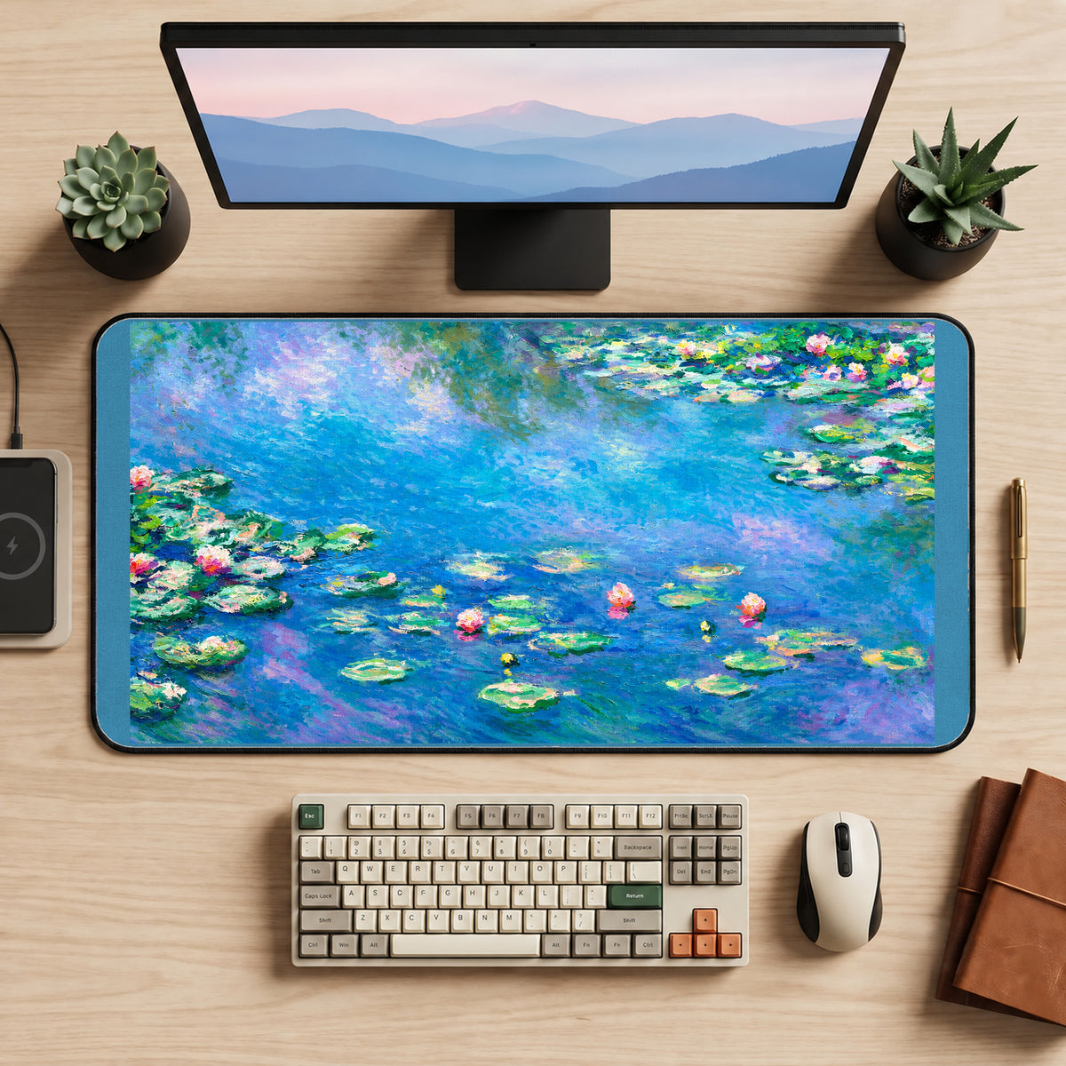 Blue Pond with Water Lilies desk mat — product mockup 2