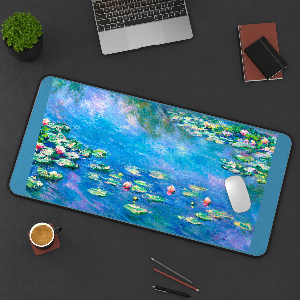 Blue Pond with Water Lilies desk mat — product mockup 3