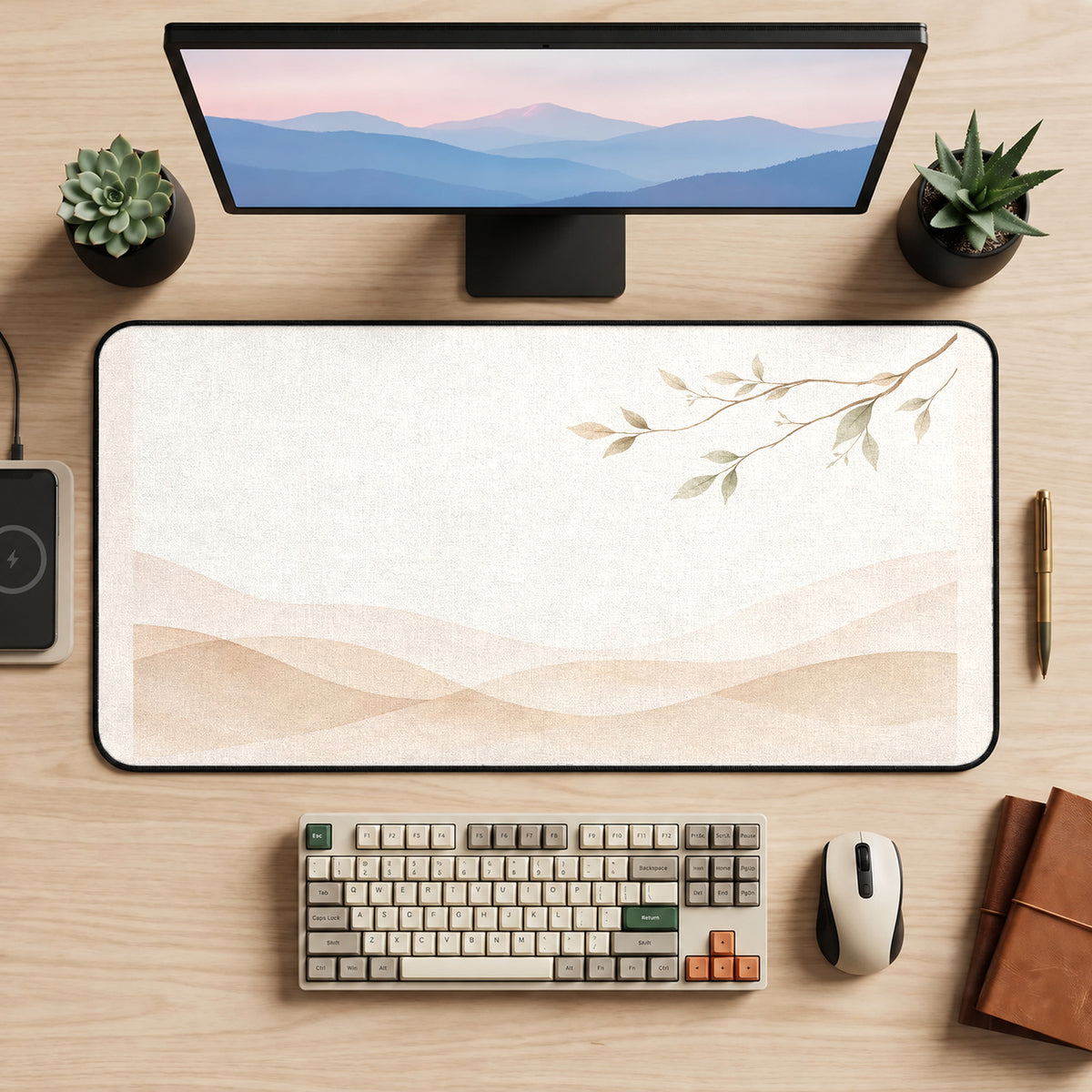 Beige Hills and Delicate Branch desk mat — product mockup 2