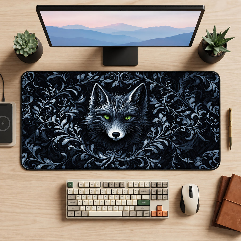 Midnight Black Fox Desk Mat — product mockup 2