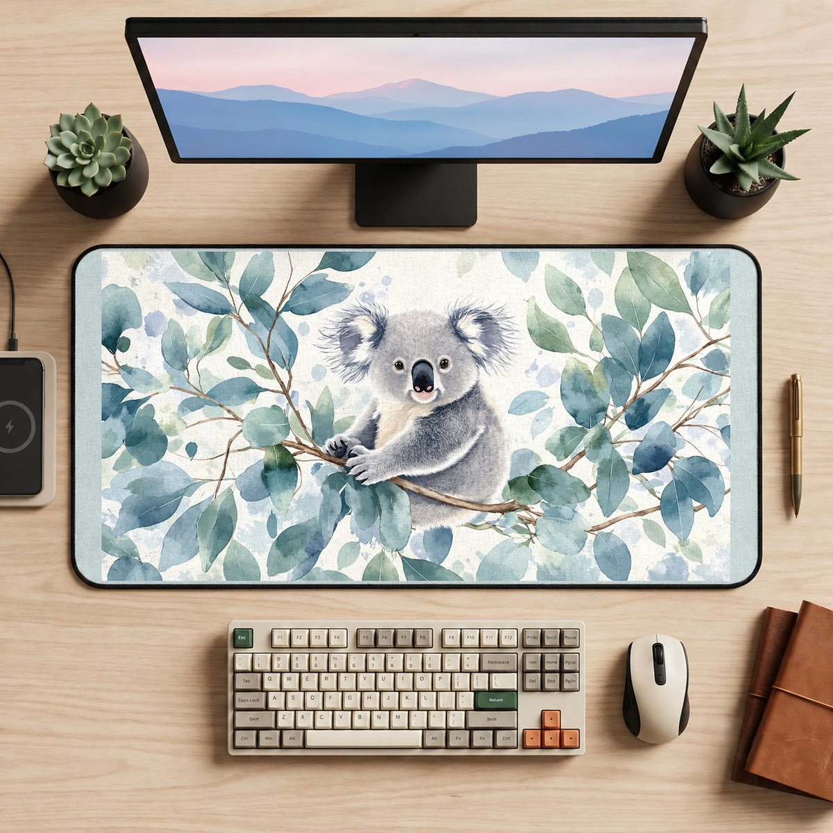 Koala among Eucalyptus Leaves desk mat — product mockup 2