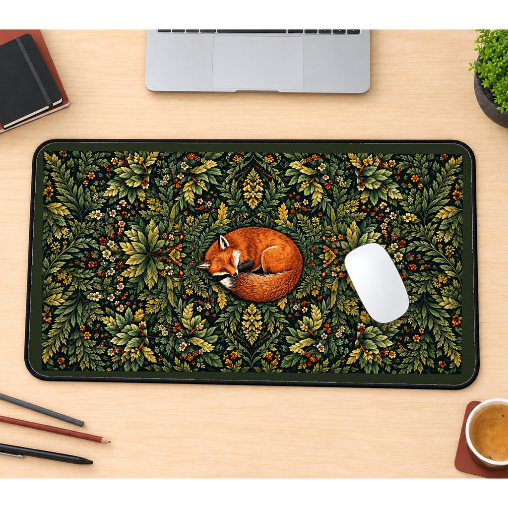 Sleeping Fox in a Leafy Wreath desk mat — product mockup 1