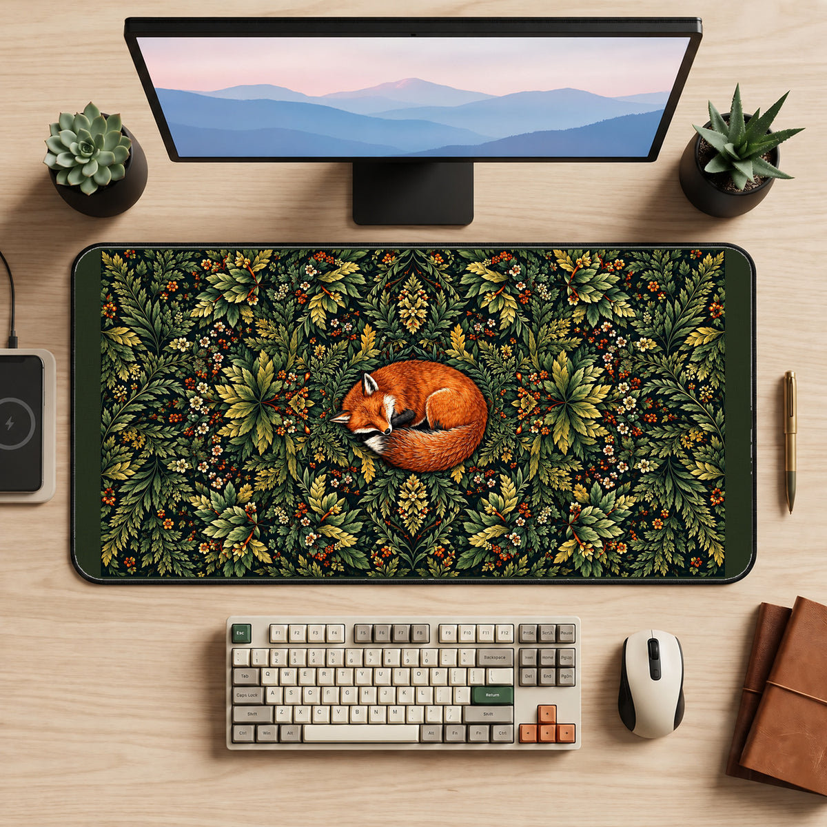 Sleeping Fox in a Leafy Wreath desk mat — product mockup 2