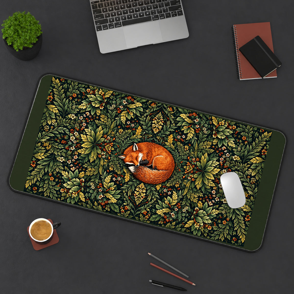 Sleeping Fox in a Leafy Wreath desk mat — product mockup 3