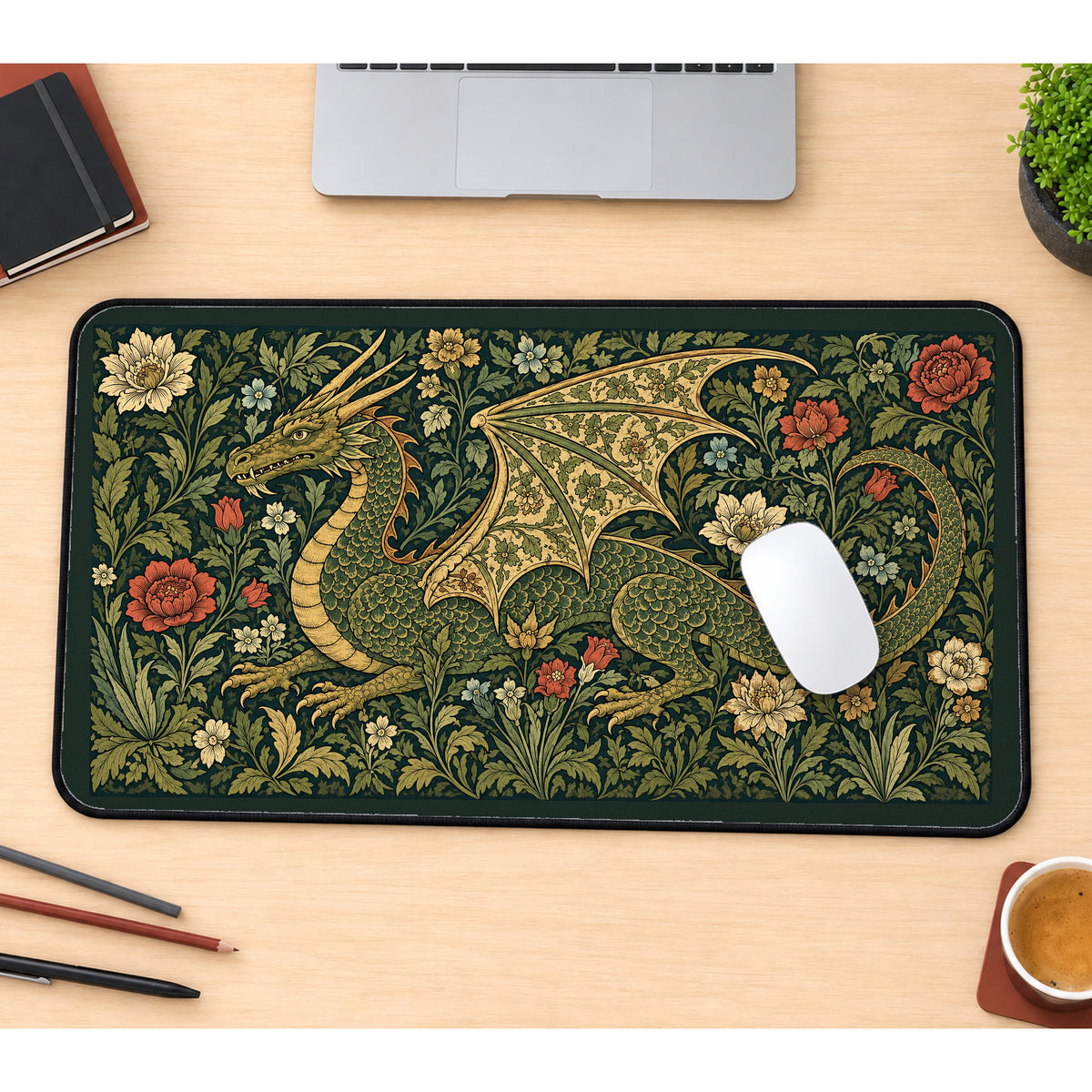 Medieval Dragon among Flowers desk mat — product mockup 1