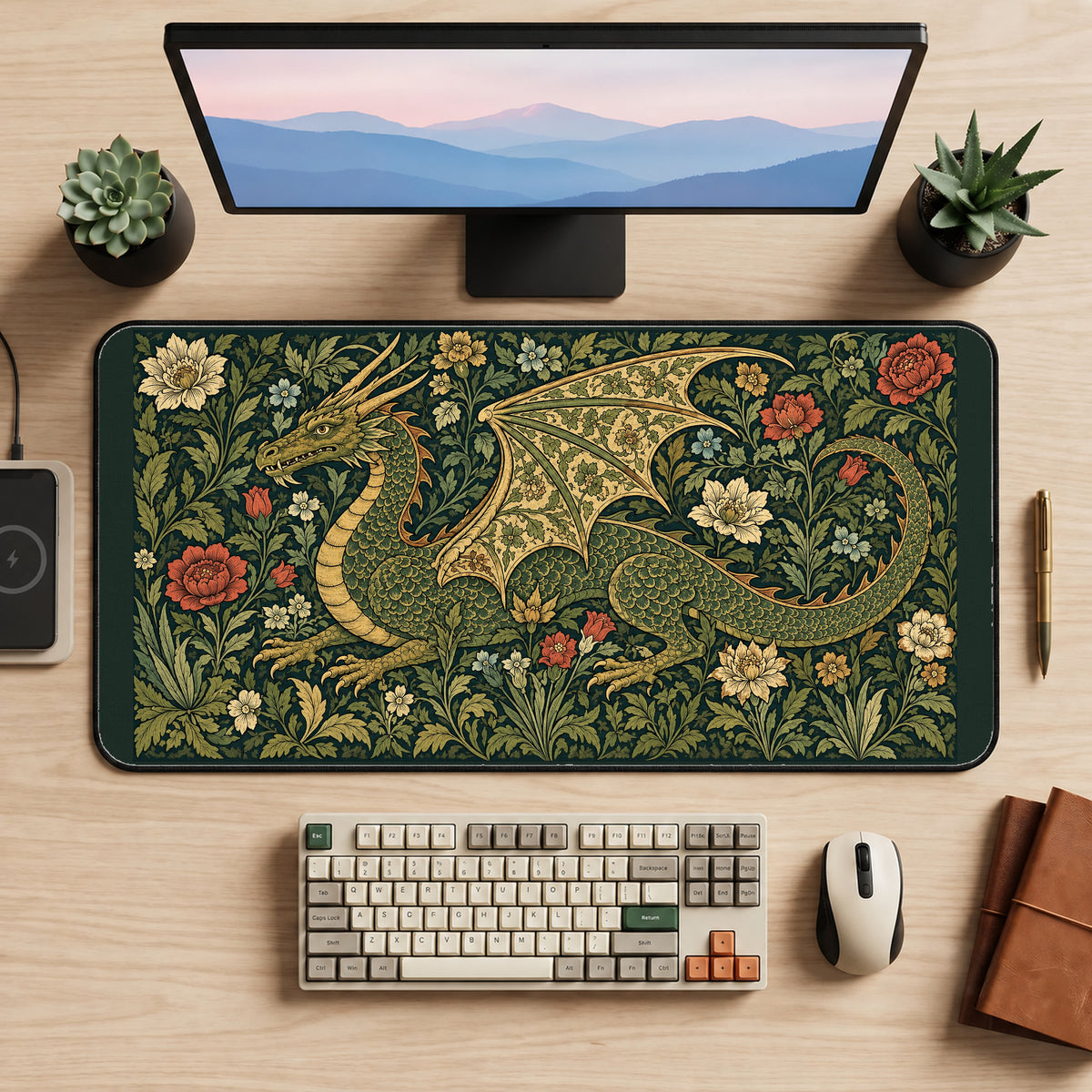 Medieval Dragon among Flowers desk mat — product mockup 2