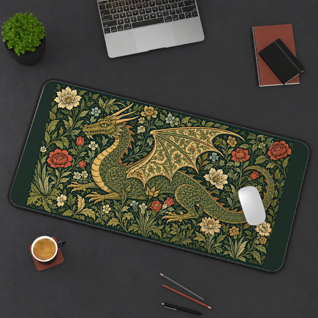 Medieval Dragon among Flowers desk mat — product mockup 3