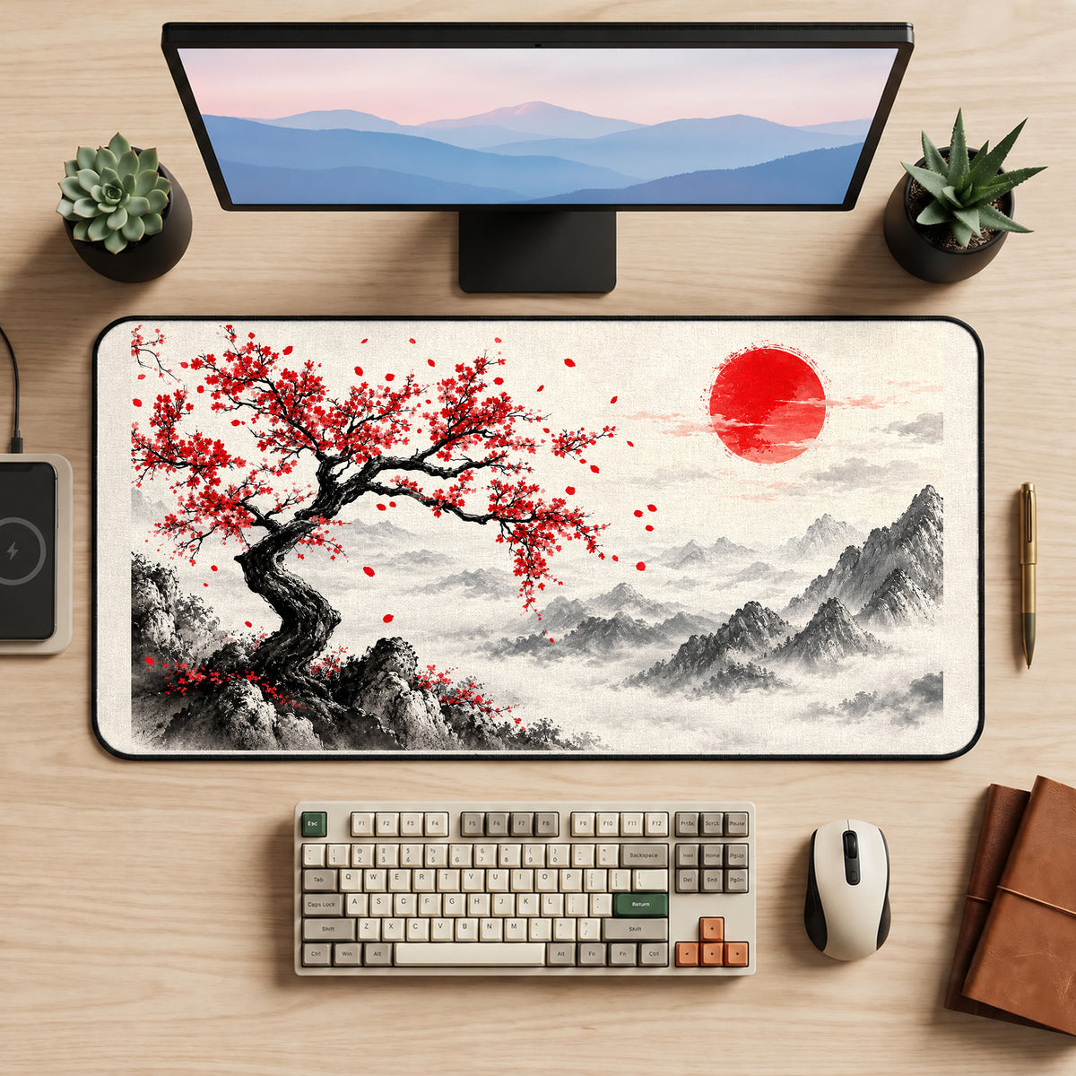 Red Sun and Blossom Tree desk mat — product mockup 2
