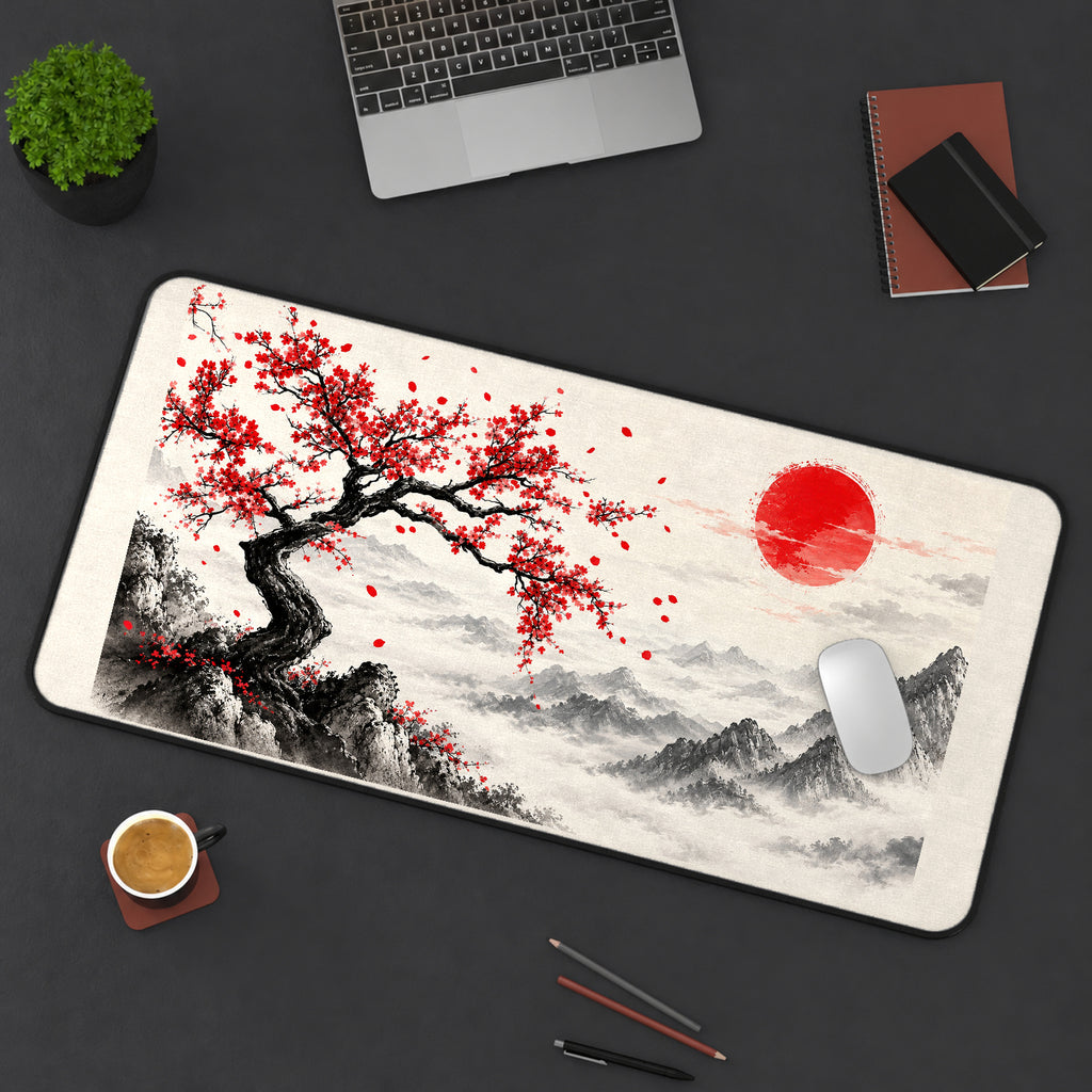 Red Sun and Blossom Tree desk mat — product mockup 3
