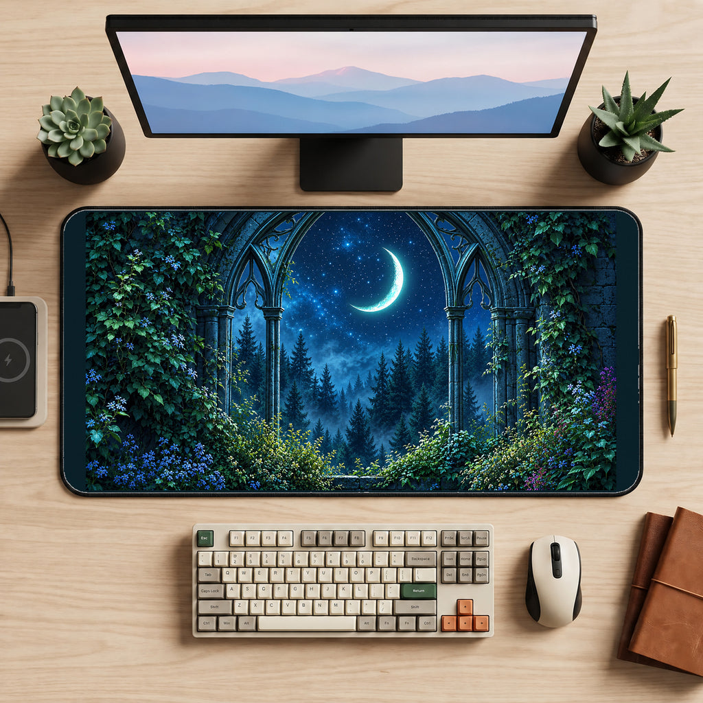 Moonlit Forest through an Arch desk mat — product mockup 2