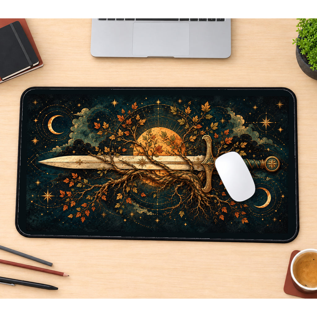 Ornate Sword and Golden Leaves desk mat — product mockup 1