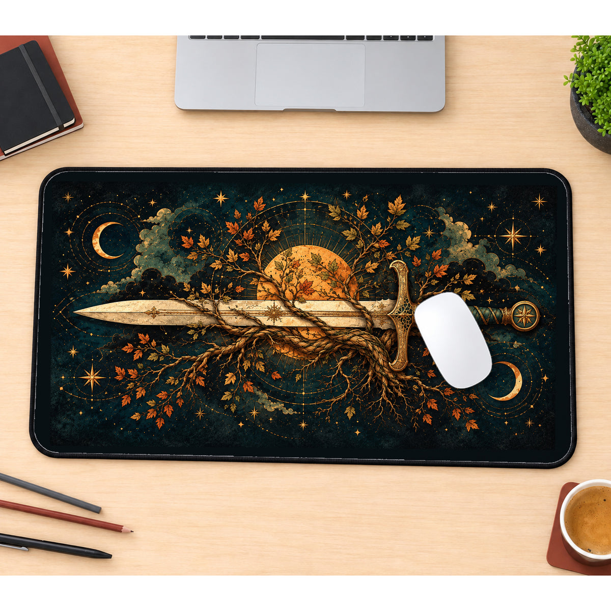 Ornate Sword and Golden Leaves desk mat — product mockup 1