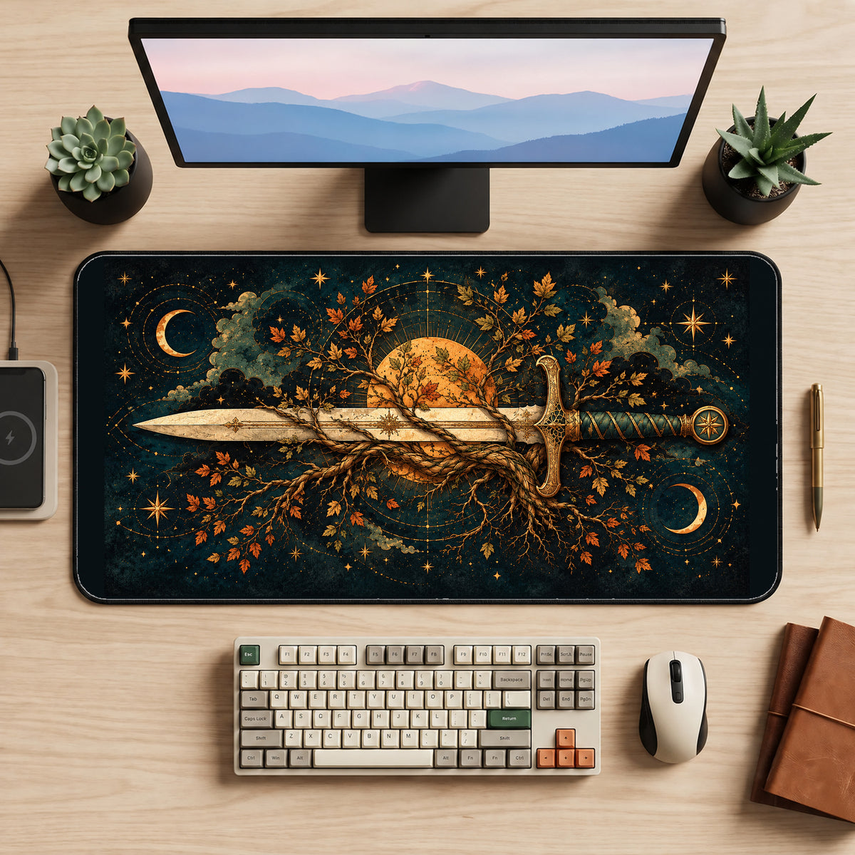 Ornate Sword and Golden Leaves desk mat — product mockup 2