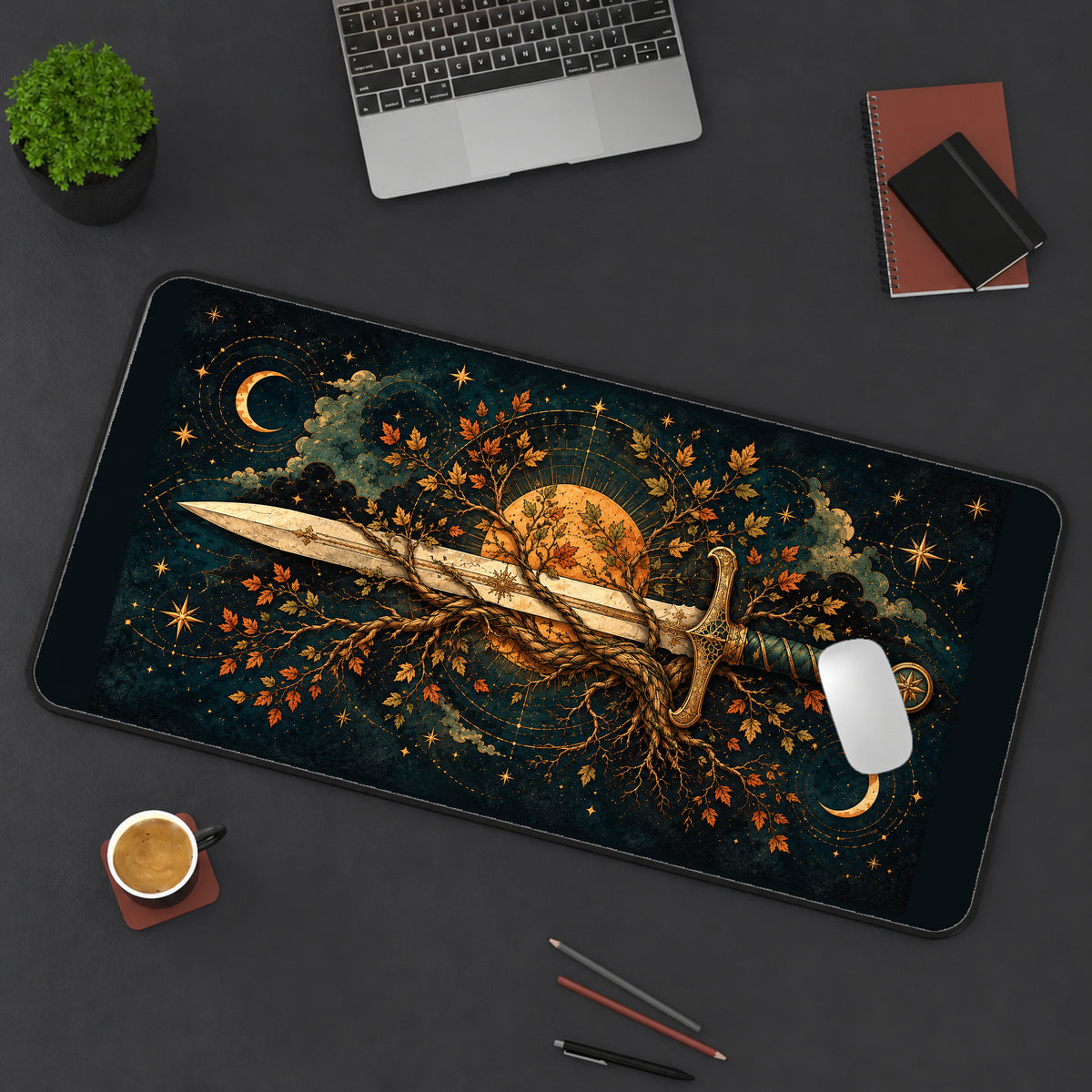 Ornate Sword and Golden Leaves desk mat — product mockup 3