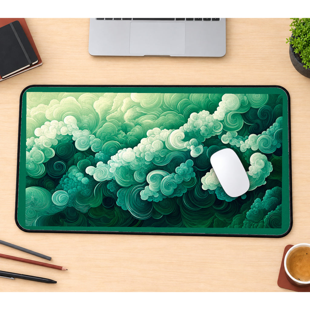 Mint and Emerald Cloud Swirls desk mat — product mockup 1