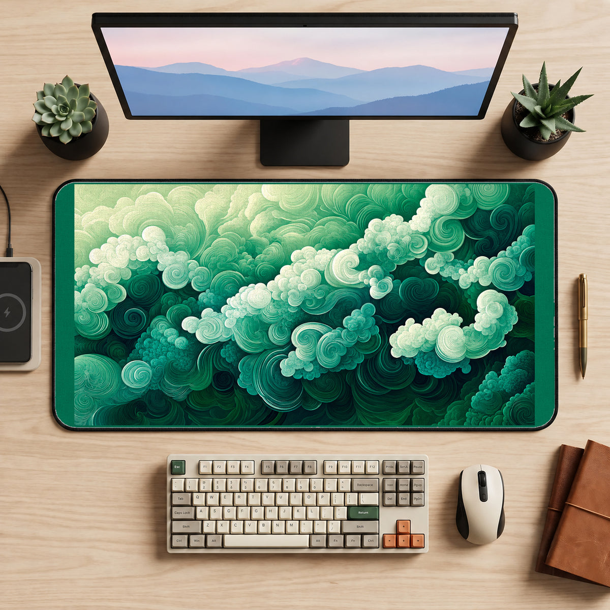 Mint and Emerald Cloud Swirls desk mat — product mockup 2