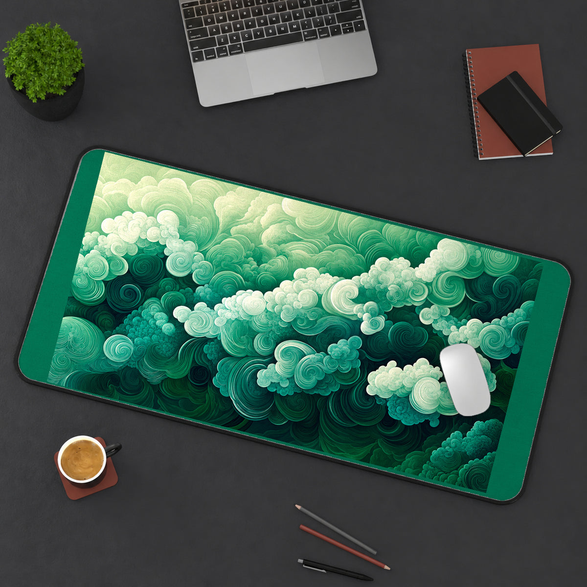 Mint and Emerald Cloud Swirls desk mat — product mockup 3