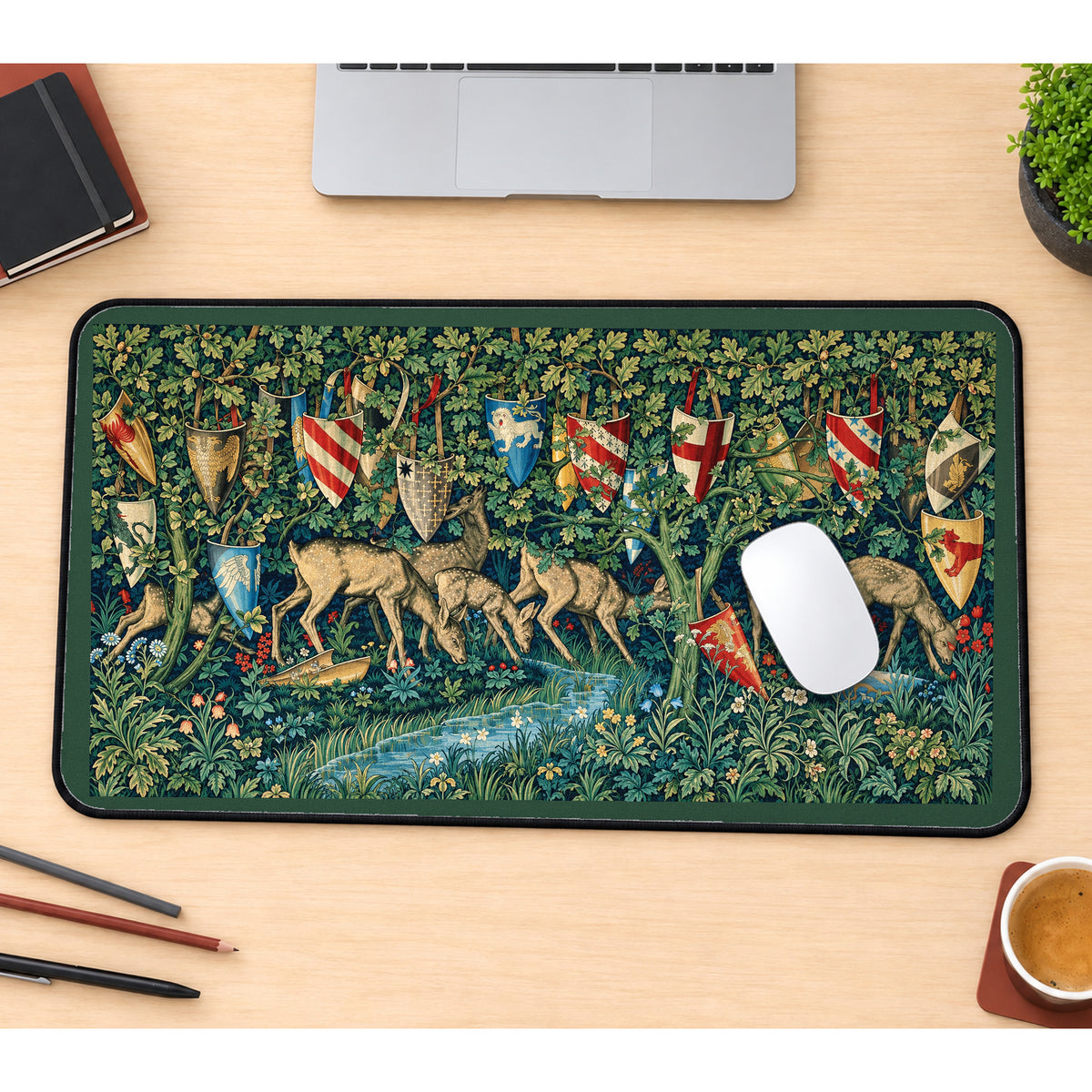 Medieval Deer and Heraldry desk mat — product mockup 1