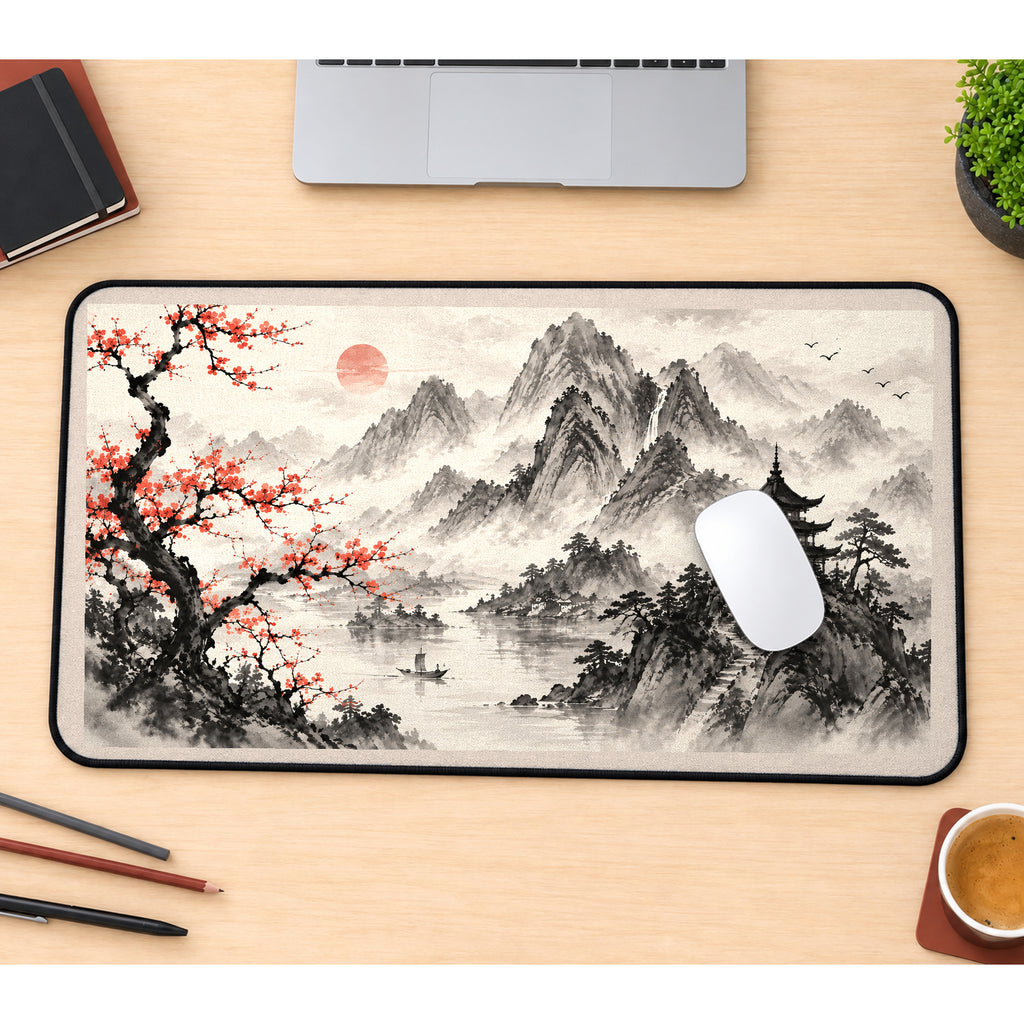 Misty Peaks and Lakeside Pagoda desk mat — product mockup 1