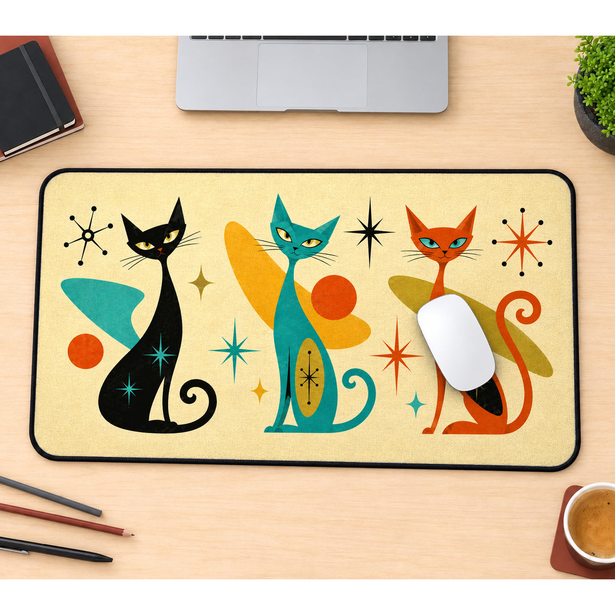 Three Atomic Era Cats desk mat — product mockup 1