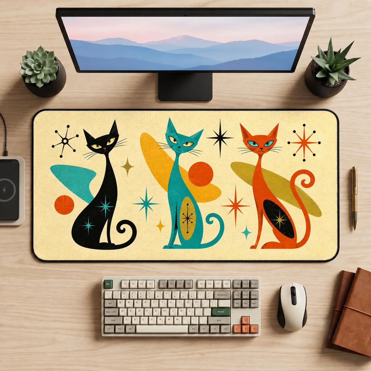 Three Atomic Era Cats desk mat — product mockup 2