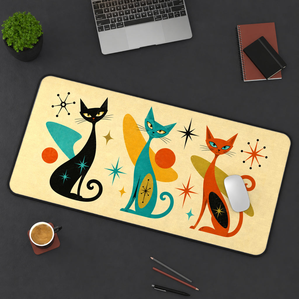 Three Atomic Era Cats desk mat — product mockup 3