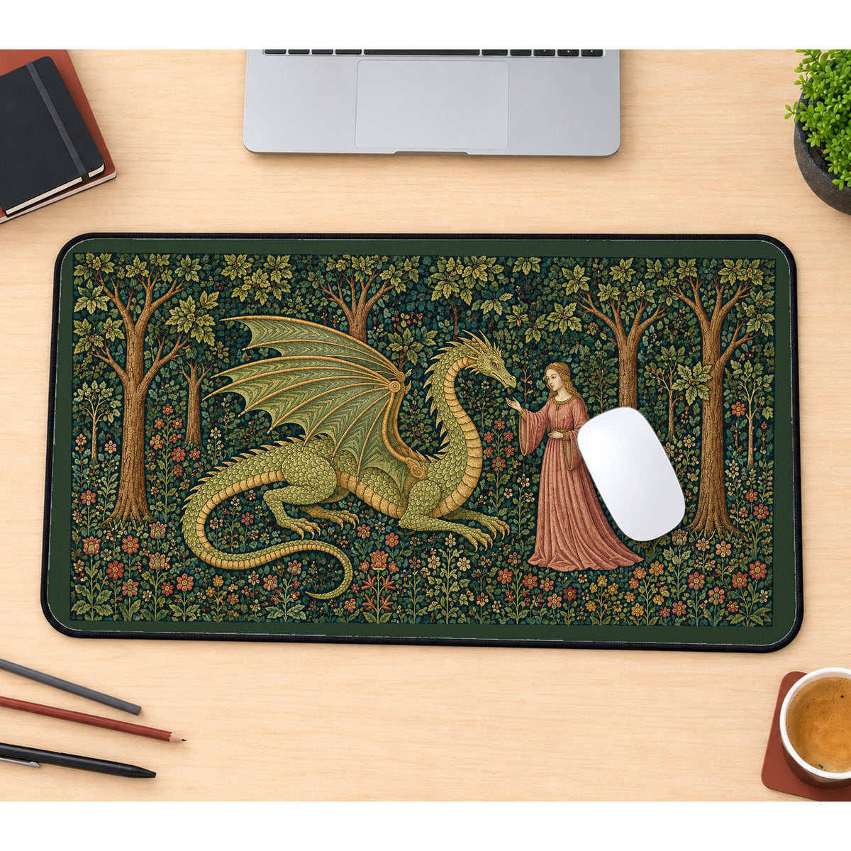 Dragon and Maiden in the Woods desk mat — product mockup 1