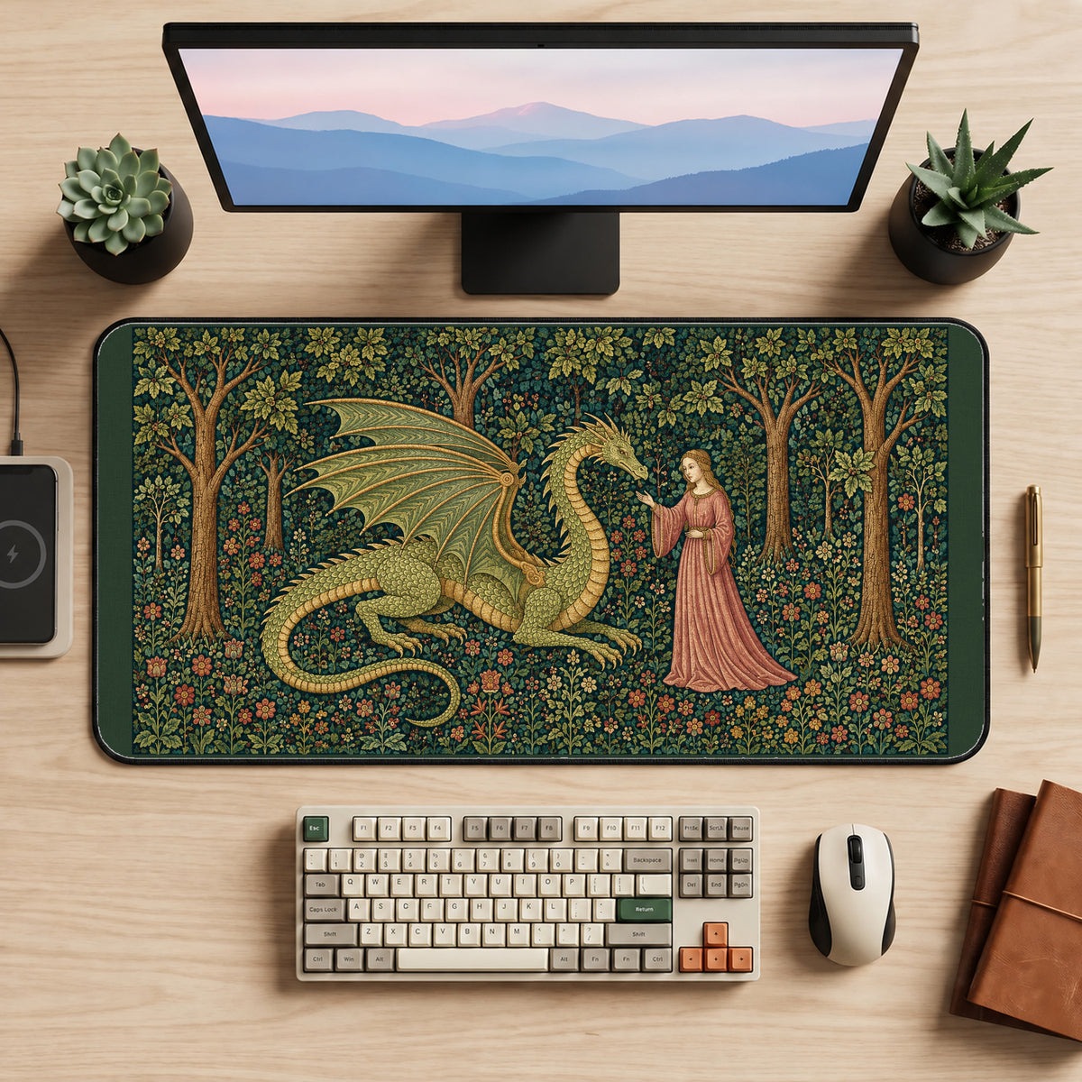 Dragon and Maiden in the Woods desk mat — product mockup 2