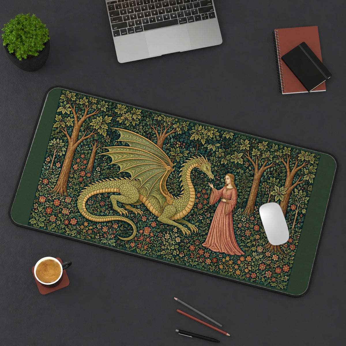 Dragon and Maiden in the Woods desk mat — product mockup 3
