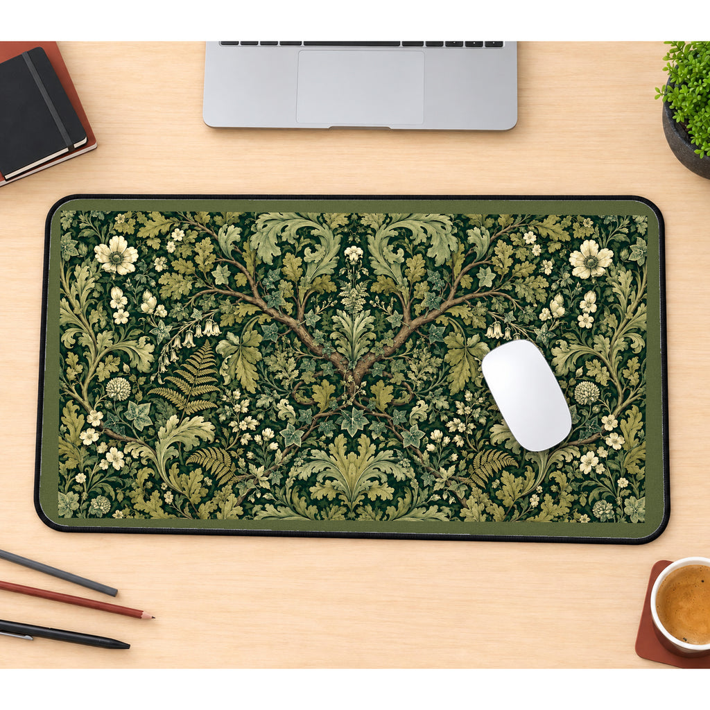 Green Scrollwork and White Flowers desk mat — product mockup 1