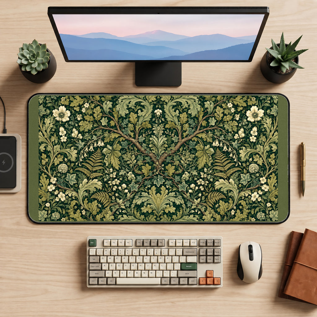 Green Scrollwork and White Flowers desk mat — product mockup 2