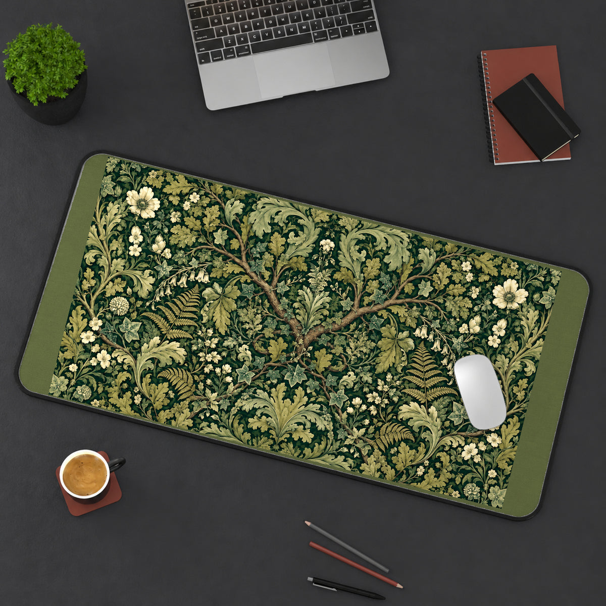 Green Scrollwork and White Flowers desk mat — product mockup 3