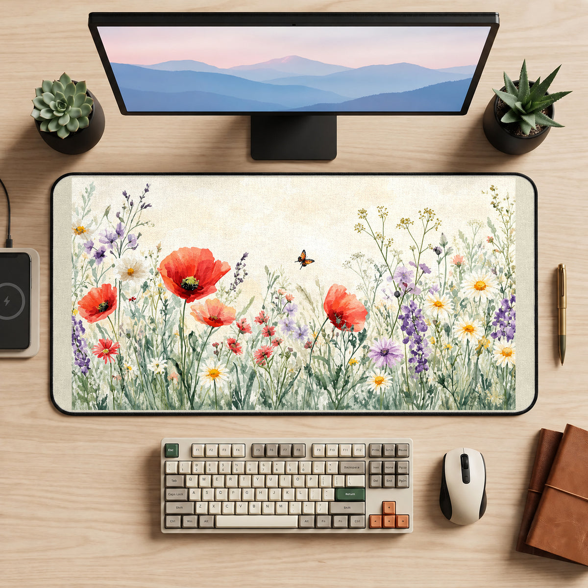 Poppies and Meadow Daisies desk mat — product mockup 2