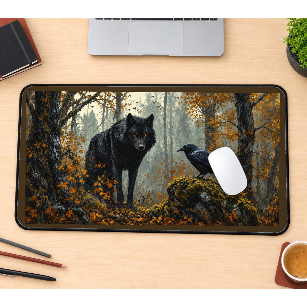Black Wolf and Raven in Autumn desk mat — product mockup 1