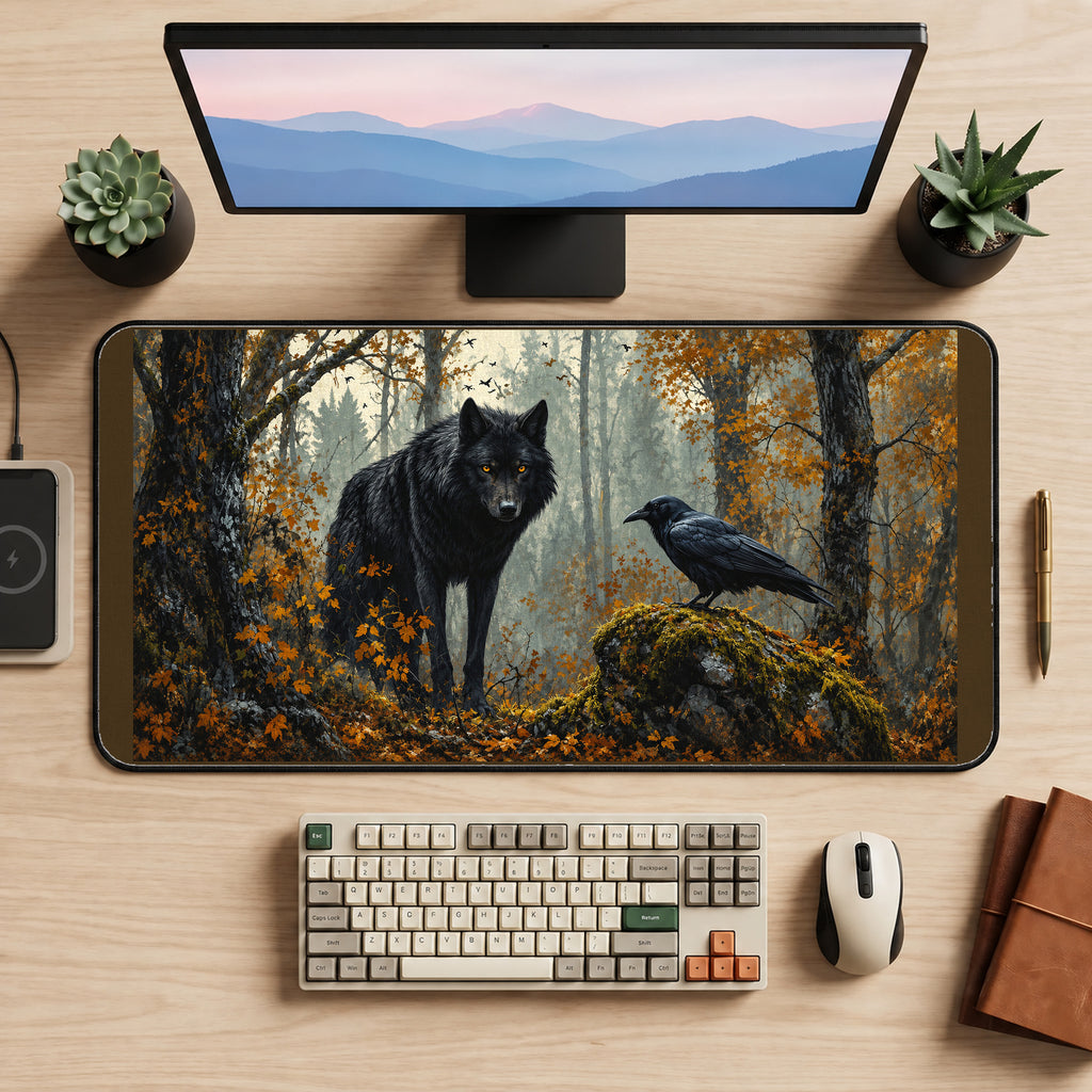 Black Wolf and Raven in Autumn desk mat — product mockup 2