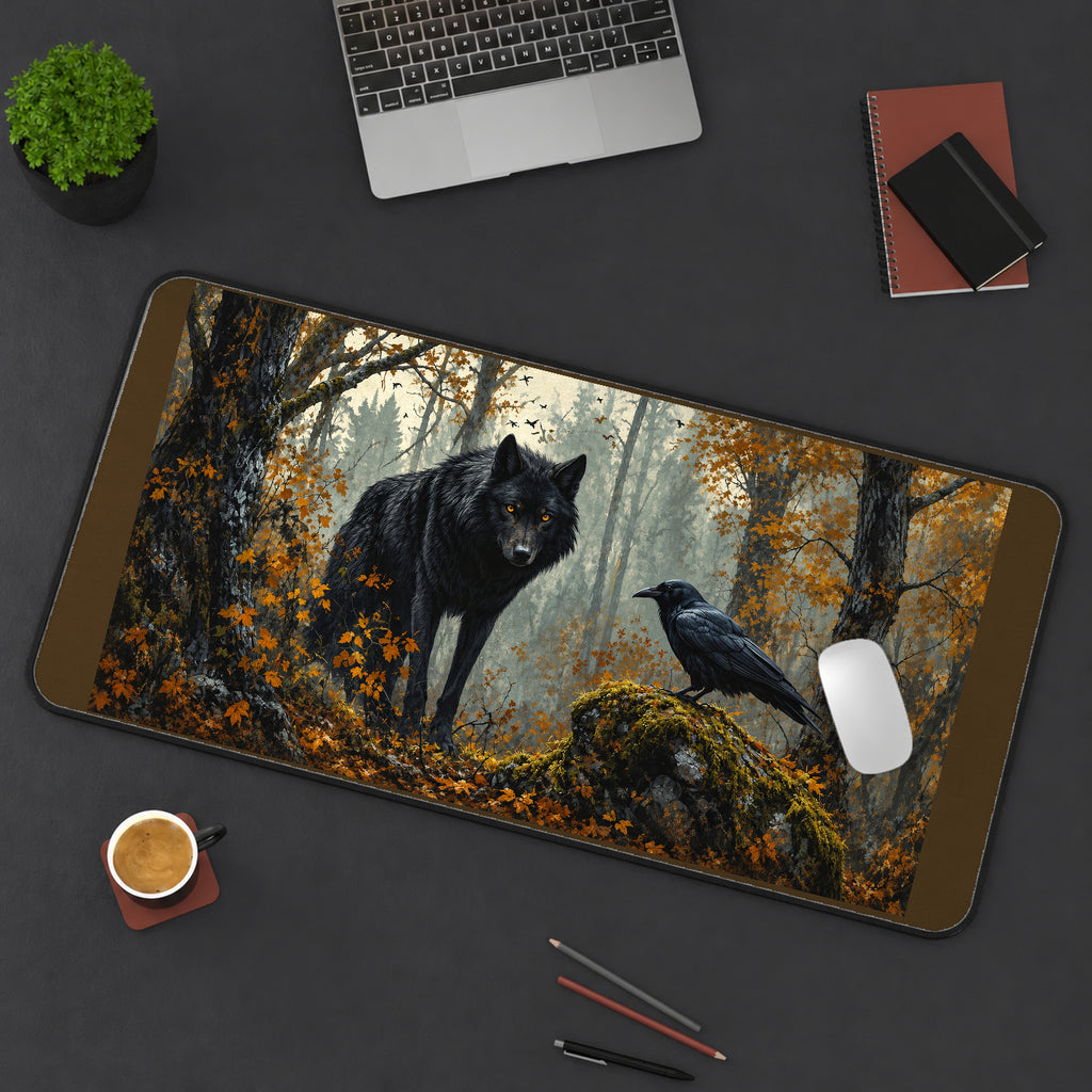 Black Wolf and Raven in Autumn desk mat — product mockup 3