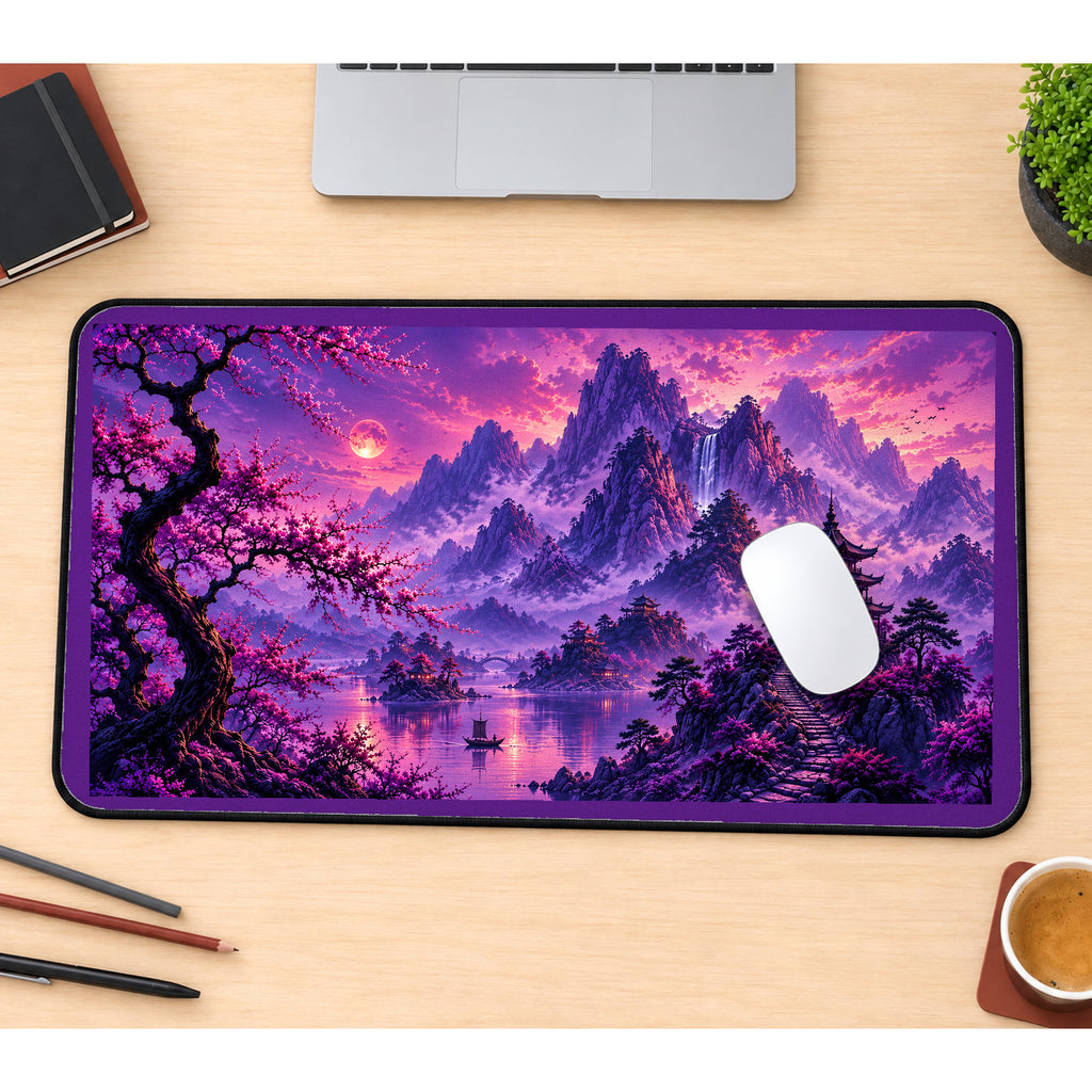 Purple Mountains and Sakura Pagoda desk mat — product mockup 1