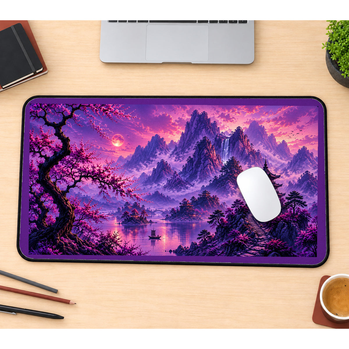 Purple Mountains and Sakura Pagoda desk mat — product mockup 1