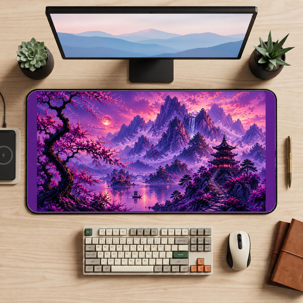 Purple Mountains and Sakura Pagoda desk mat — product mockup 2