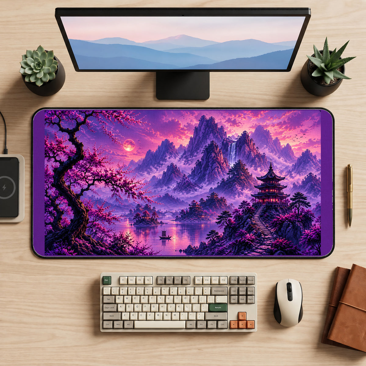 Purple Mountains and Sakura Pagoda desk mat — product mockup 2