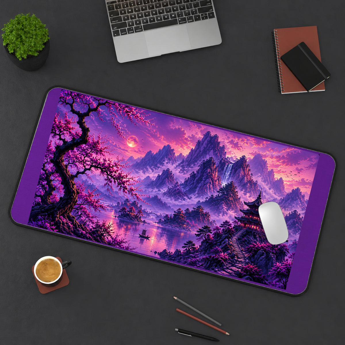 Purple Mountains and Sakura Pagoda desk mat — product mockup 3
