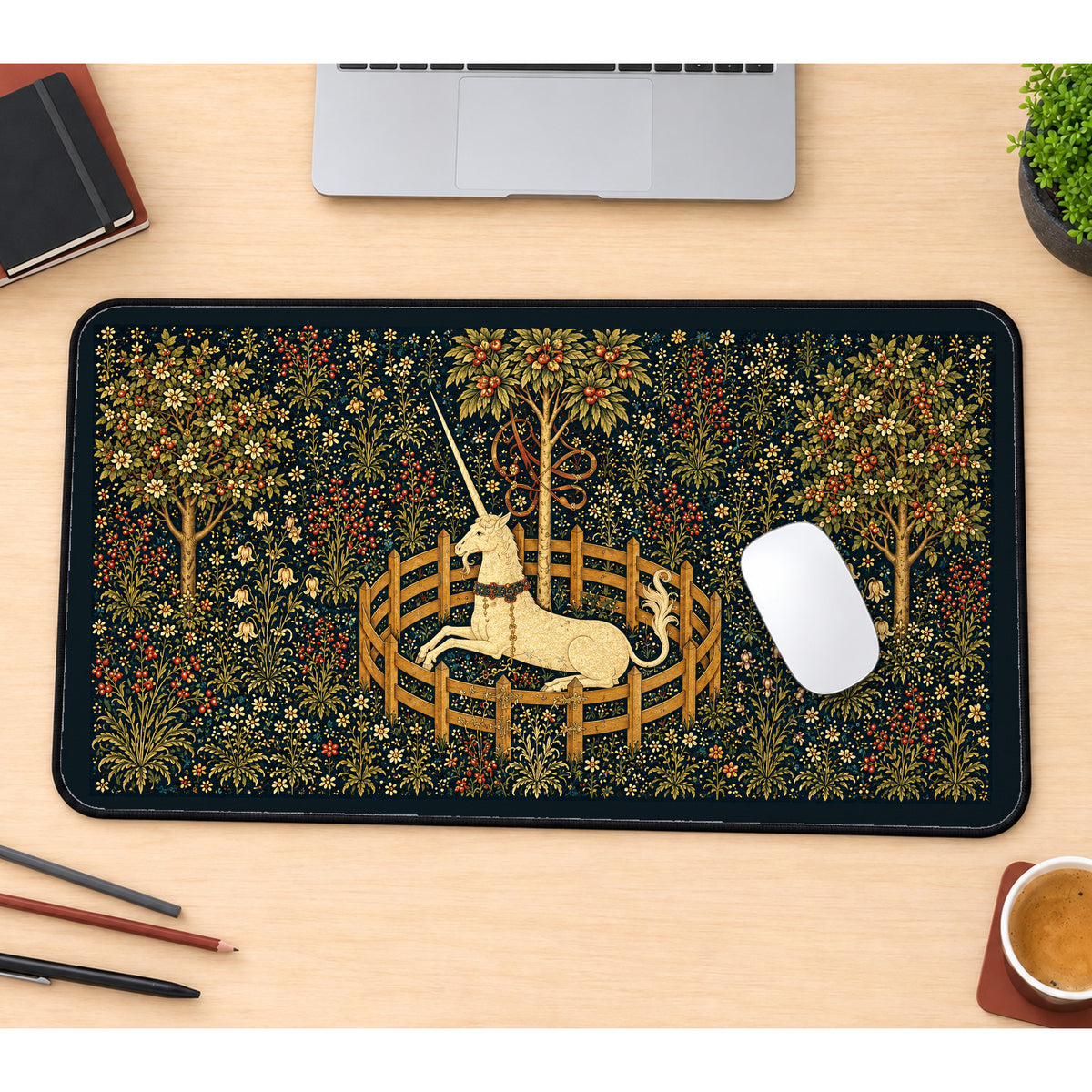 Unicorn in a Flowering Garden desk mat — product mockup 1