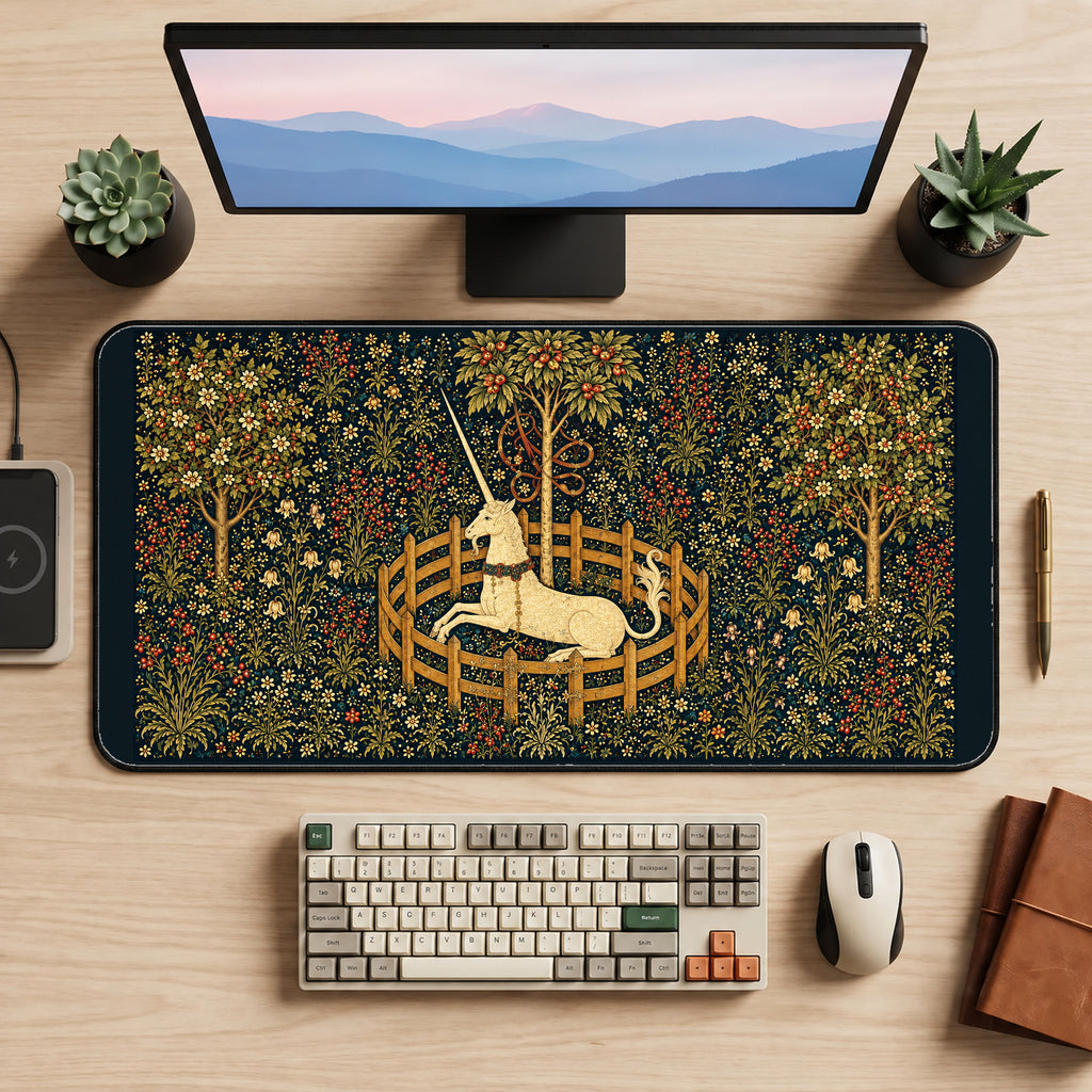 Unicorn in a Flowering Garden desk mat — product mockup 2