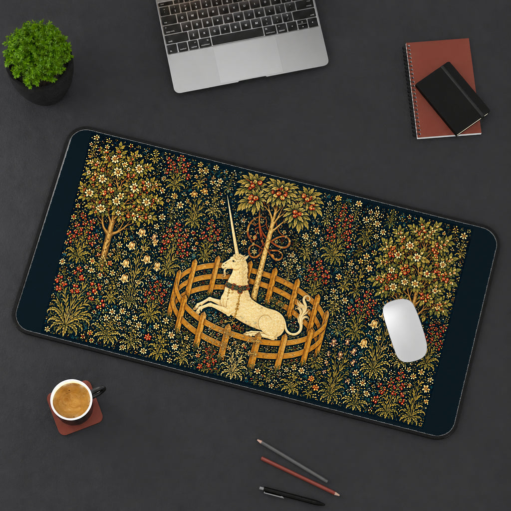 Unicorn in a Flowering Garden desk mat — product mockup 3