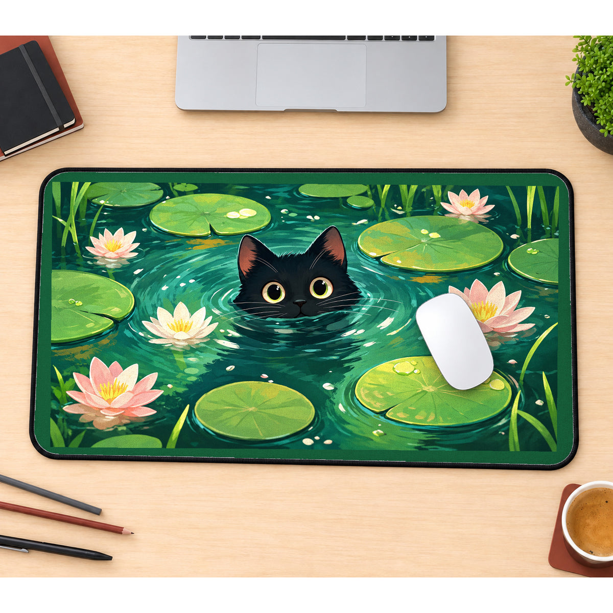 Black Kitten in a Lily Pond desk mat — product mockup 1