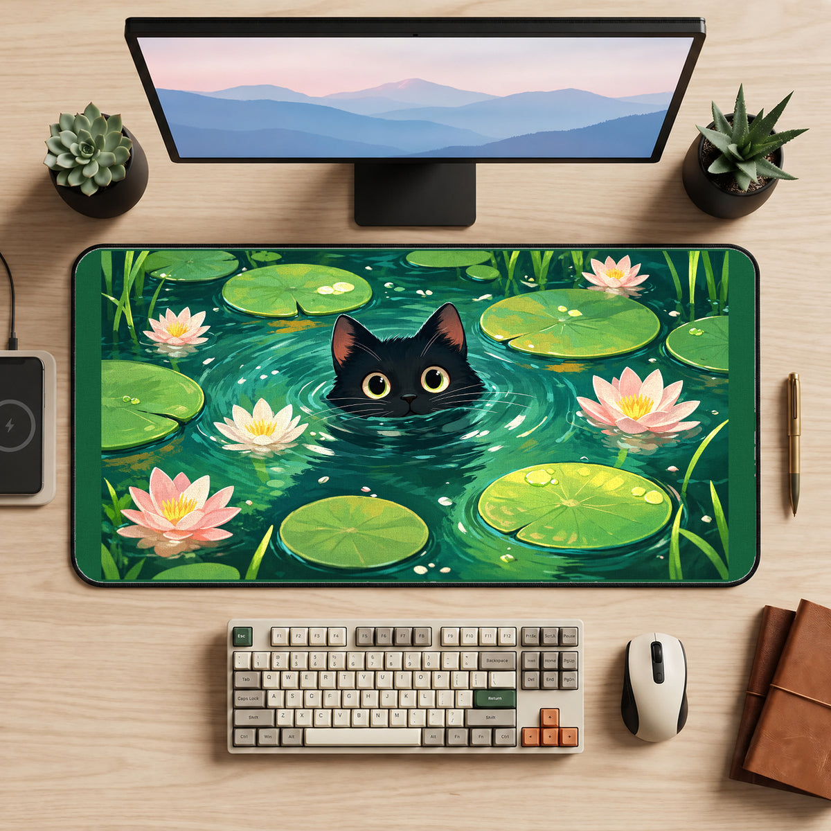 Black Kitten in a Lily Pond desk mat — product mockup 2