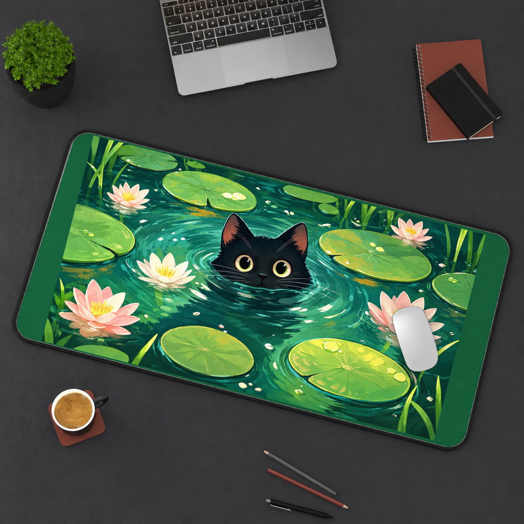 Black Kitten in a Lily Pond desk mat — product mockup 3