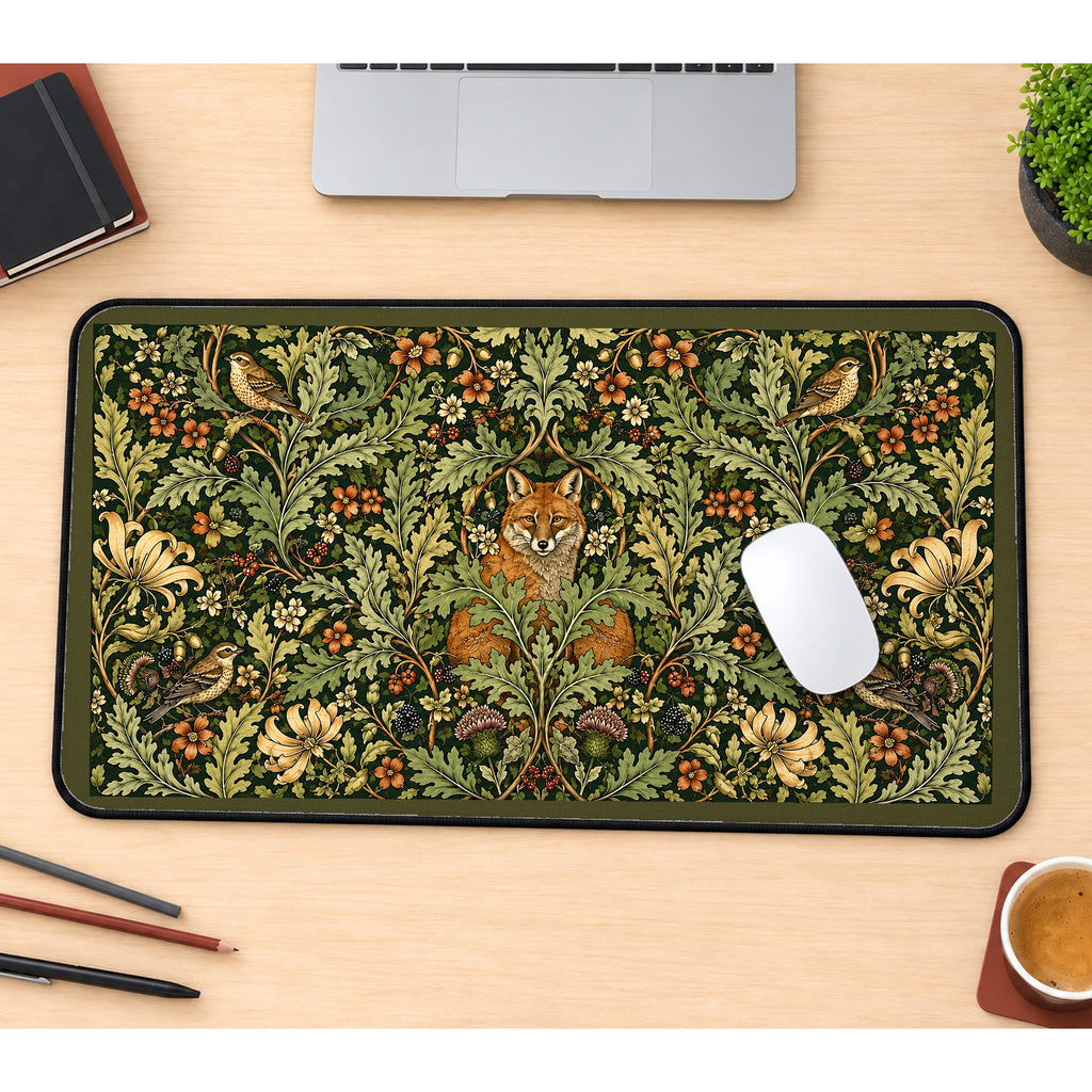 Fox among Curling Woodland Leaves desk mat — product mockup 1