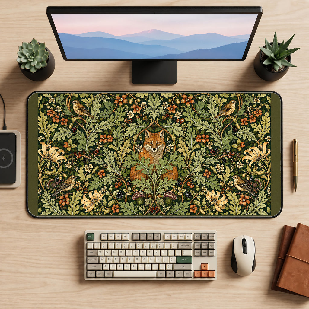 Fox among Curling Woodland Leaves desk mat — product mockup 2