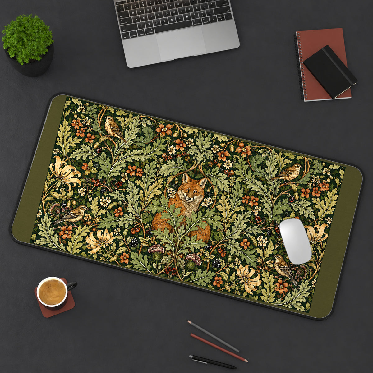 Fox among Curling Woodland Leaves desk mat — product mockup 3